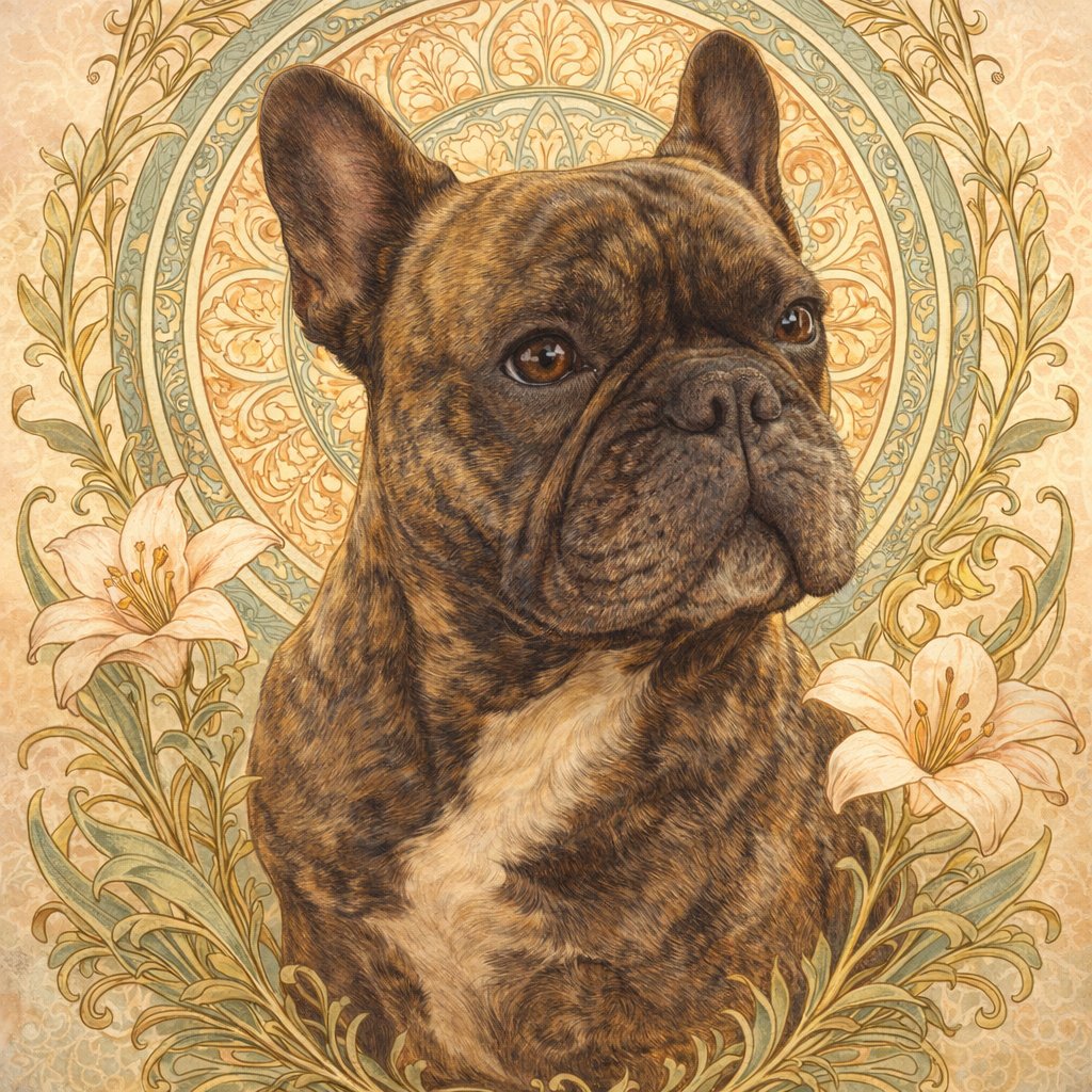 Dog portrait in golden Art Nouveau style
