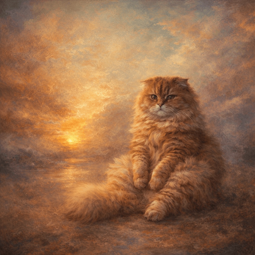 Cat in Turner-inspired sunset oil painting